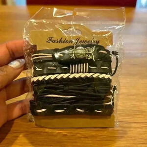 5 leather bracelets- Black and white leather bracelets with owl charm